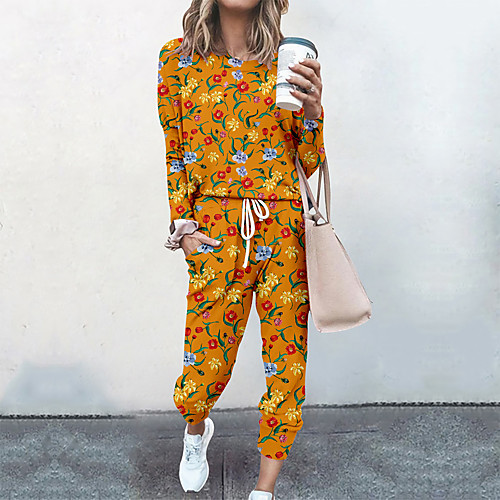 

Women's Streetwear Cinched Floral Going out Casual / Daily Two Piece Set Sweatshirt Tracksuit Pant Loungewear Drawstring Print Tops