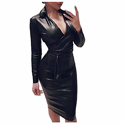 

leather dress ladies sexy v neck bodycon sleeveless casual clubwear cocktail evening party skirt(black,xl)