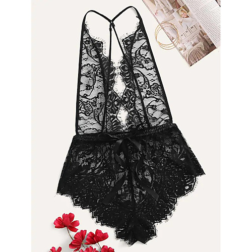 

Women's Layered Lace Hole Bodysuits Nightwear Solid Colored Embroidered Bra Black XS S M