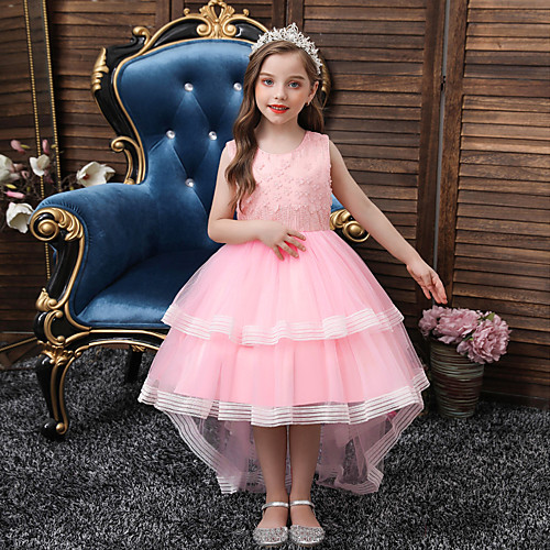 

Princess / Ball Gown Asymmetrical / Knee Length Party / Wedding Flower Girl Dresses - Satin / Polyester Sleeveless Jewel Neck with Sash / Ribbon / Appliques / Paillette