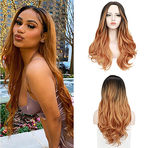 

Body Natural Wavy Synthetic Wig Middle Part Ombre Color Hair Wigs Heat Resistant Fiber Free Cap