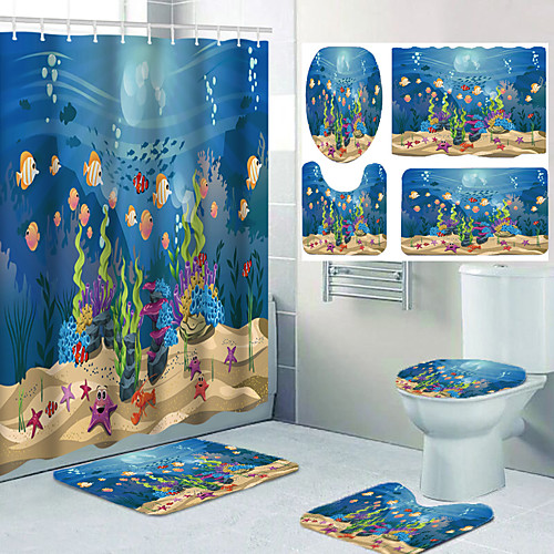 

Four-piece Design of Bathroom Shower Curtain and Leisure Toilet with Fish Seabed Biological Pattern Printing