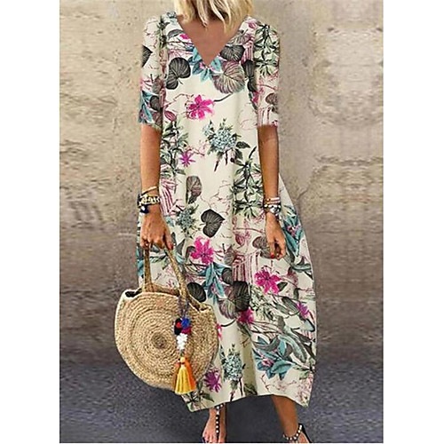 

Women's Shift Dress Maxi long Dress Yellow Red Navy Blue Half Sleeve Floral Patchwork Print Spring Summer V Neck Casual Vintage Loose 2021 S M L XL XXL / Cotton / Cotton