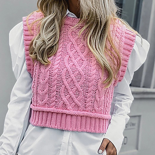 

Women's Embroidery Knitted Solid Color Vest Sleeveless Sweater Cardigans Crew Neck Fall Spring Purple Yellow Blushing Pink