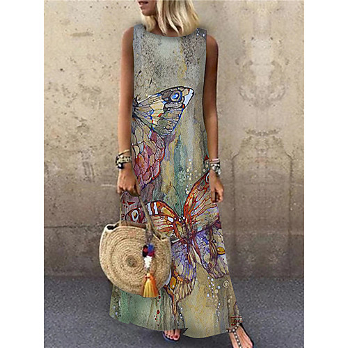

Women's Shift Dress Maxi long Dress Red Yellow Sleeveless Print Animal Print Spring Summer Round Neck Casual 2021 S M L XL XXL 3XL