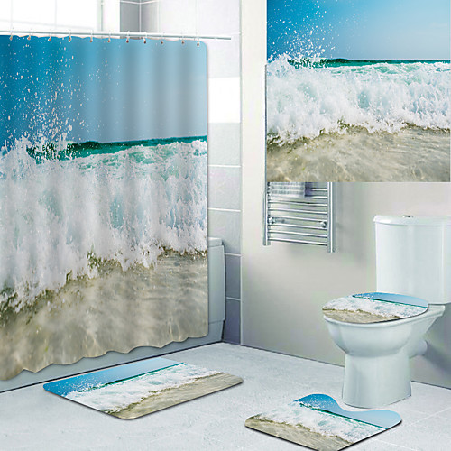 

Beach Waves Printed Bathtub Curtain Liner Covered with Waterproof Fabric shower Curtain for Bathroom home Decoration with hook floor mat and four-piece Toilet mat