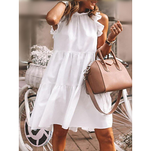 

Women's A Line Dress Knee Length Dress White Black Green Dusty Blue Gray Sleeveless Solid Color Smocked Ruched Ruffle Spring Summer Round Neck Elegant Casual 2021 S M L XL XXL