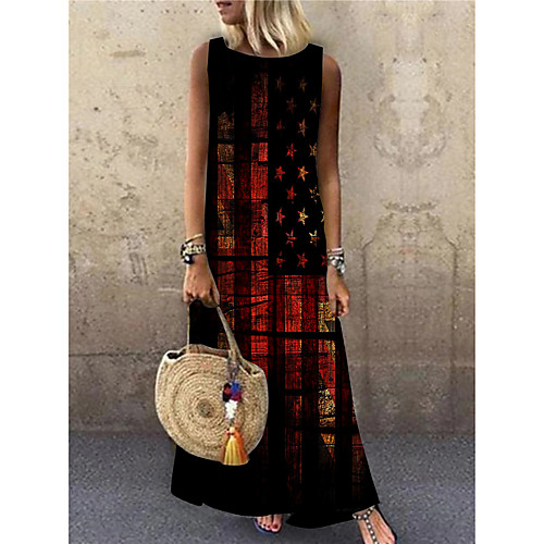 

Women's Shift Dress Maxi long Dress Red Sleeveless Print Flag Print Spring Summer Round Neck Casual 2021 S M L XL XXL 3XL
