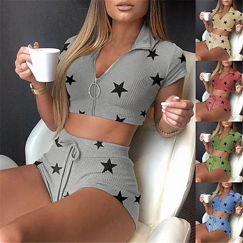

Women's Yoga Suit Drawstring Front Zipper Geometry Blue Grey Khaki Yoga Fitness Running Shorts Crop Top Clothing Suit Short Sleeve Sport Activewear Tummy Control Butt Lift Moisture Wicking Quick Dry