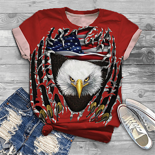 

Women's Plus Size Print Graphic Flag Animal T shirt Large Size Crewneck Short Sleeve Basic Tops XL XXL 3XL Red Big Size