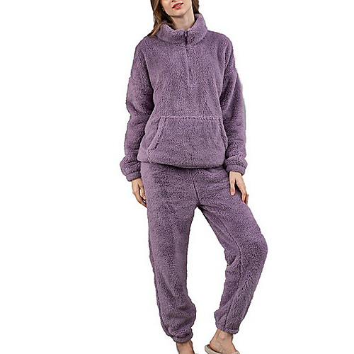 

Women's Casual / Daily Polyester Keep Warm Stand Collar Suits Long Sleeve 2 Piece Fall & Winter M Purple / Pocket