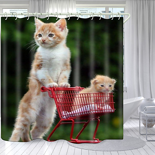 

Cat Pushing Cat Digital Printing Shower Curtain Shower Curtains Hooks Modern Polyester New Design