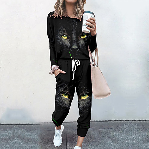 

Women's Streetwear Cinched Cat 3D Going out Casual / Daily Two Piece Set Sweatshirt Tracksuit Pant Loungewear Drawstring Print Tops