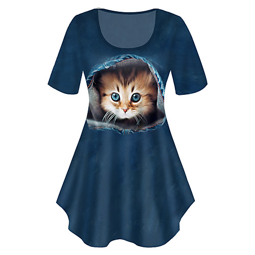 

Women's Plus Size Print Cat Graphic Animal T shirt Large Size Crewneck Short Sleeve Basic Tops XL XXL 3XL Blue Big Size