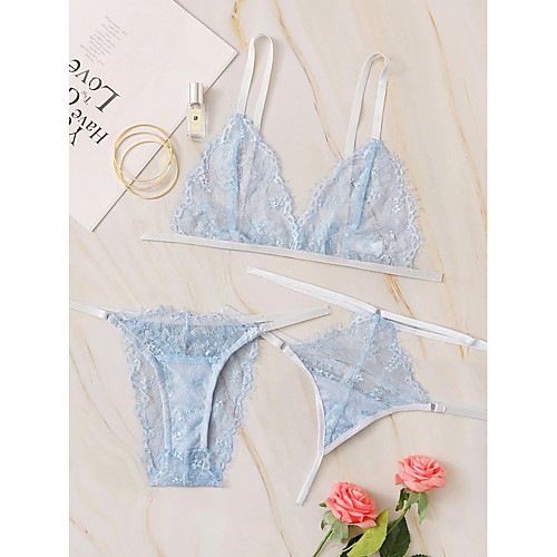 

Women's Layered Lace Hole Matching Bralettes Suits Nightwear Solid Colored Embroidered Bra Light Blue XS S M