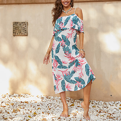 

Women's A Line Dress Midi Dress Rainbow Half Sleeve Floral Print Spring Summer cold shoulder Casual Sexy Batwing Sleeve 2021 S M L XL