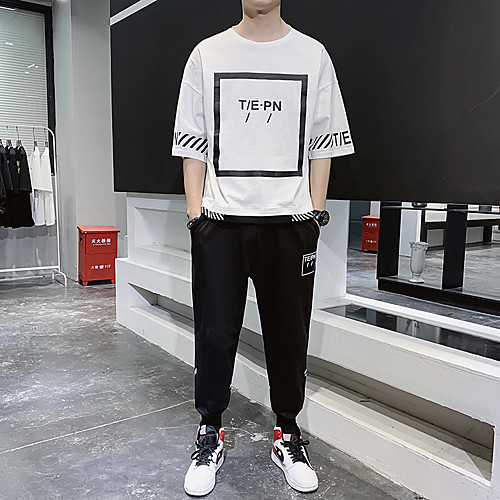 

Men's 2 Piece Color Block Crew Neck Letter & Number Sport Athleisure Clothing Suit Short Sleeves Breathable Soft Comfortable Everyday Use Street Casual