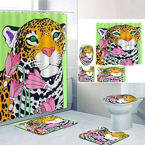 

Cute Little Leopard Digital Printing Four-piece Set Shower Curtains and Hooks Modern Polyester Machine Made Waterproof Bathroom