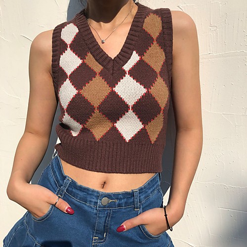 

sweater women autumn/winter new 2020 european and american foreign trade knitted v-neck slim-fit plaid sleeveless knitted vest women's clothing