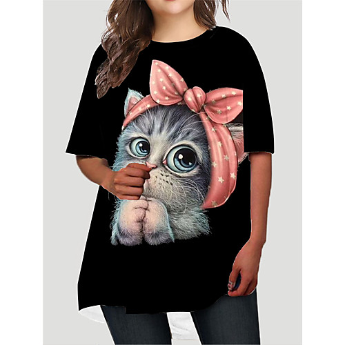 

Women's Plus Size Dresses T Shirt Dress Tee Dress Short Mini Dress Half Sleeve Cat Graphic Print Basic Fall Black XL XXL 3XL 4XL 5XL / Holiday
