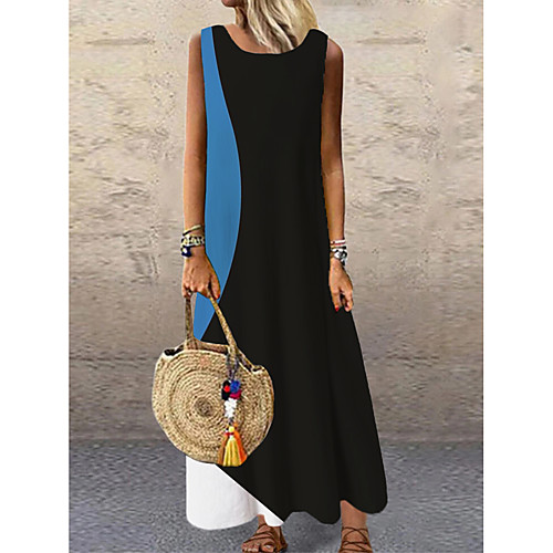 

Women's Shift Dress Maxi long Dress Black Sleeveless Print Color Block Print Spring Summer Round Neck Casual 2021 S M L XL XXL 3XL