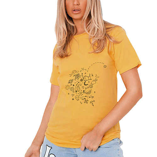 

Women's T shirt Graphic Print Round Neck Tops 100% Cotton Basic Basic Top Black Yellow