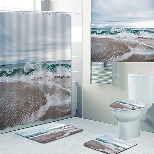 

Sea Water Waves Printed Bathtub Curtain liner Covered with Waterproof Fabric shower Curtain for Bathroom home Decoration with hook floor mat and four-piece Toilet mat