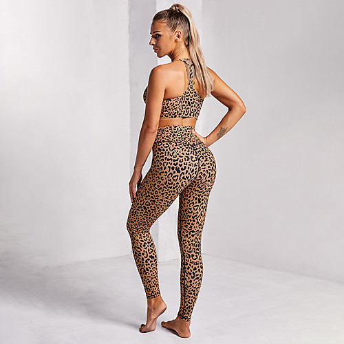 

Women's 2pcs Yoga Suit Open Back Wirefree Leopard Yellow Gray Nylon Yoga Fitness Gym Workout Cropped Leggings Bra Top Clothing Suit Sleeveless Sport Activewear Tummy Control Butt Lift Moisture