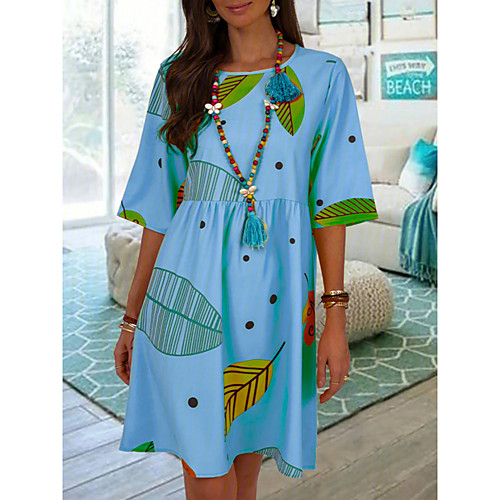 

amazon cross-border dress women's turret round neck sleeves printing printing and dyeing women's waist was thin and large skirt ebay