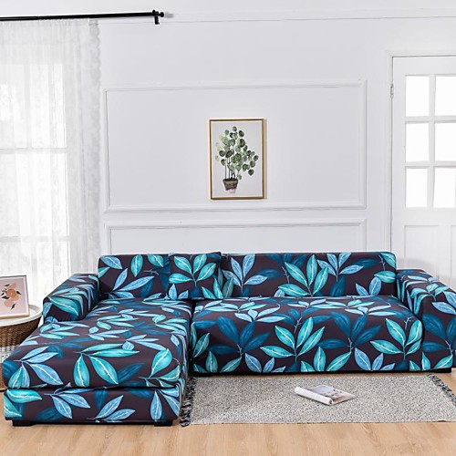 

Blue Leaves Plant Dustproof All-powerful Stretch L Shape Sofa Cover Super Soft Fabric Sofa Furniture Protector with One Free Boster Case