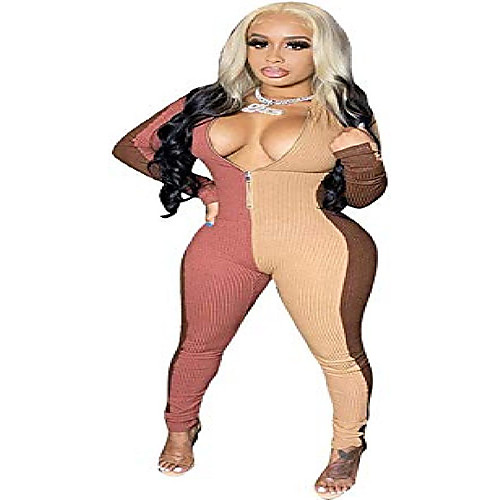 

miiyana womens sexy jumpsuits rompers long sleeve one piece zipper bodycon outfits clubwear brown