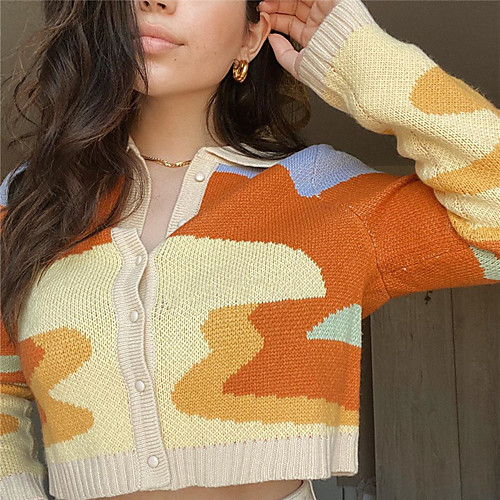 

2020 autumn new retro oil painting sweater cardigan jacket female polo collar short slimming knit sweater top trend