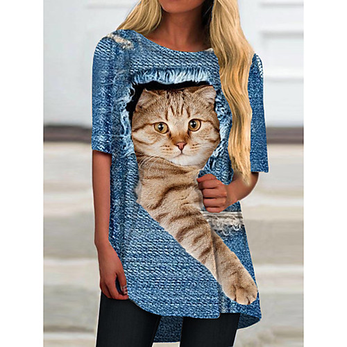 

Women's T Shirt Dress Tee Dress Short Mini Dress Blue Half Sleeve Cat Animal Print Spring Summer Round Neck Casual 2021 S M L XL XXL 3XL