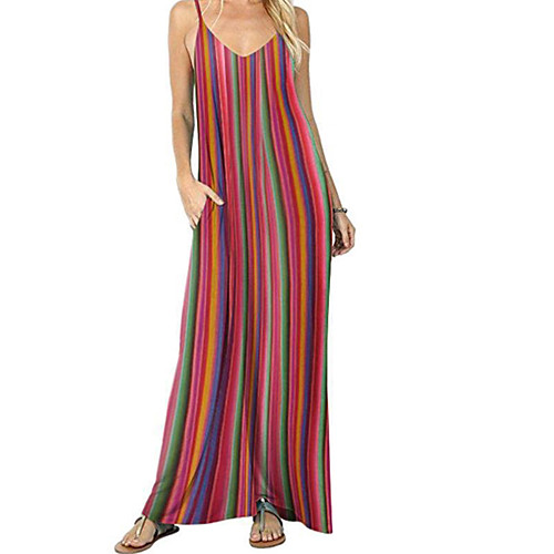 

Women's Strap Dress Maxi long Dress Red Sleeveless Striped Color Block Patchwork Spring Summer Round Neck Casual 2021 M L XL XXL