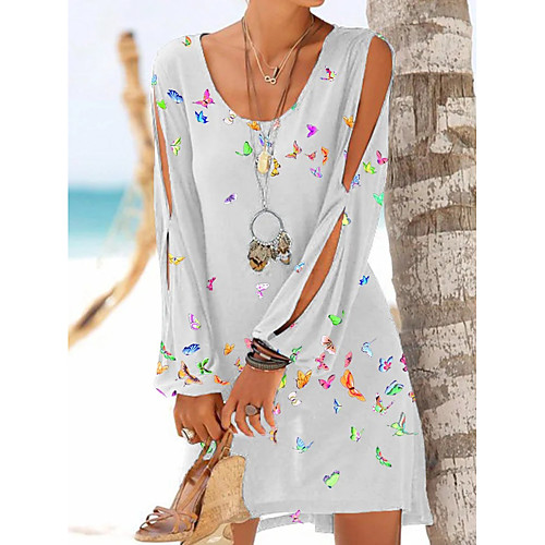 

2021 cross-border independent station off-the-shoulder hollow long-sleeved butterfly print round neck dress