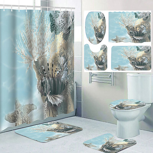 

Four-piece Design for Bathroom Shower Curtain and Leisure Toilet with Starfish and Sea Creature Pattern Printing