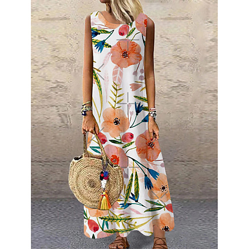 

Women's Shift Dress Maxi long Dress Blushing Pink Sleeveless Floral Print Print Spring Summer Round Neck Casual 2021 S M L XL XXL 3XL