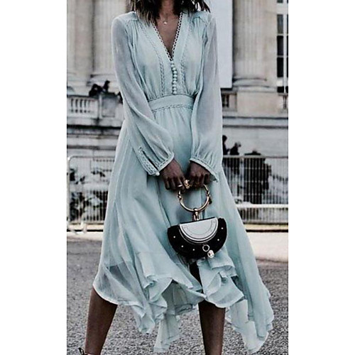 

Women's A Line Dress Midi Dress Light Blue Long Sleeve Solid Color Plus High Low Spring Summer V Neck Casual 2021 S M L XL XXL 3XL