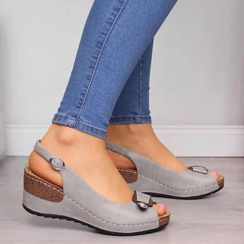 

Women's Sandals Chunky Heel Peep Toe PU Khaki Gray