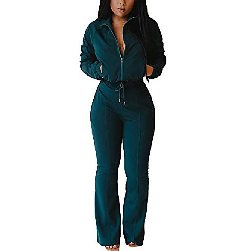 

2 piece outfits for women pants lapel zip up jackets long palazzo wide leg pants 2 piece jumpsuit set atrovirens xl