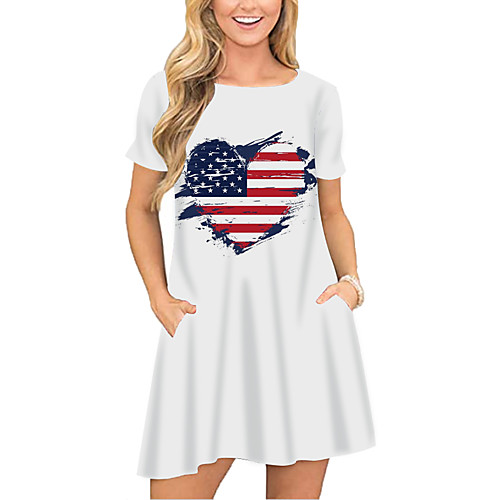

Women's T Shirt Dress Tee Dress Short Mini Dress White Short Sleeve Print Flag Pocket Print Spring Summer Round Neck Casual 2021 S M L XL XXL 3XL