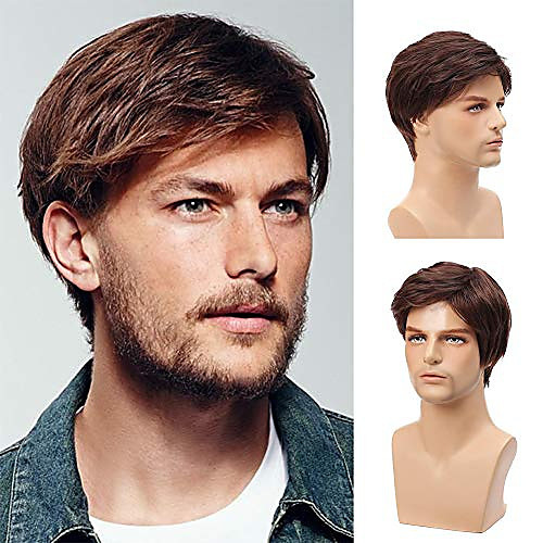 

Mens Wig Brown Short Curly Fluffy Wig with Bang Blonde Brown Mix Color Touqee Daily Cosplay Wigs for Men