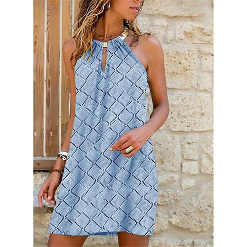 

2021 new summer european and american cross-border fashion women's wish amazon mid-length metal halter plaid dress