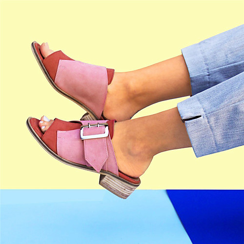 

Women's Sandals Block Heel Round Toe PU Buckle Color Block Blue Pink Brown