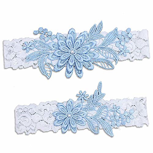 

wedding garters for bride, blue white bridal lace garter set with pearl.