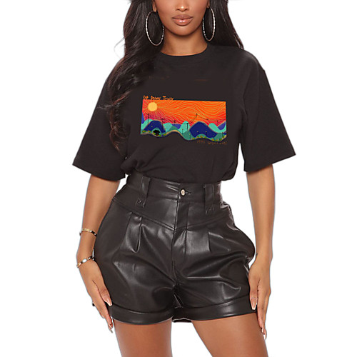 

Women's T shirt Graphic Scenery Print Round Neck Tops 100% Cotton Basic Basic Top White Black