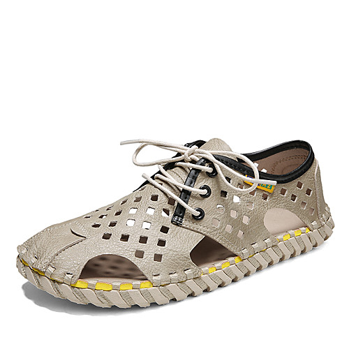 

Men's Sandals Crochet Leather Shoes Flat Sandals Sporty Casual Beach Daily Outdoor Water Shoes Walking Shoes Nappa Leather Cowhide Breathable Handmade Non-slipping Booties / Ankle Boots Almond Black