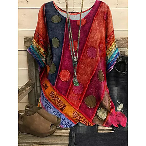 

Women's Bohemian Theme Blouse Abstract Print Round Neck Vintage Tops Blue Purple Red