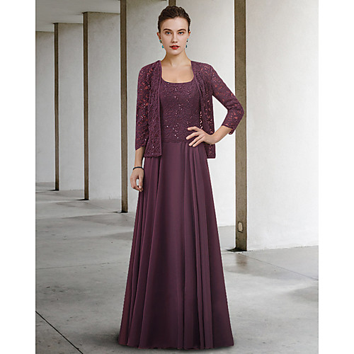 

Two Piece A-Line Mother of the Bride Dress Elegant Jewel Neck Floor Length Chiffon Lace Half Sleeve with Pleats 2021