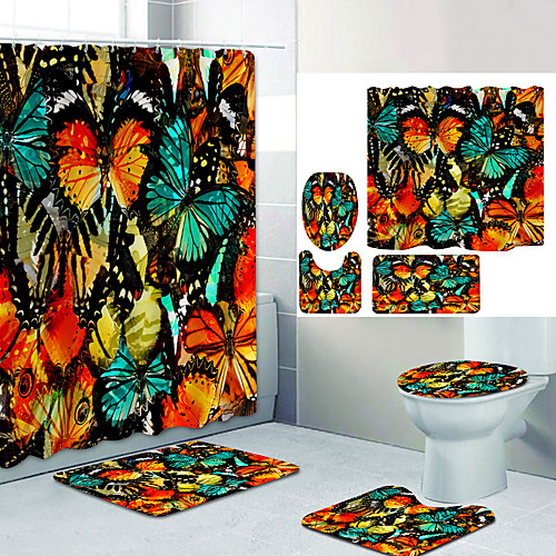 

Blue Butterfly Digital Printing Four-piece Set Shower Curtains and Hooks Modern Polyester Machine Made Waterproof Bathroom